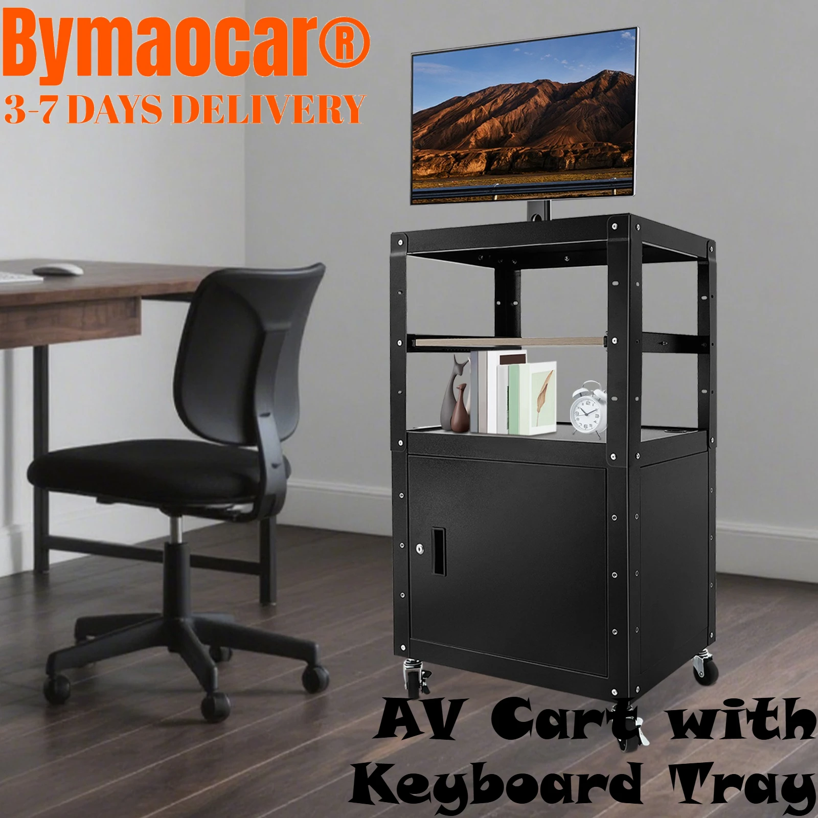 

AV Cart with Keyboard Tray, Adjustable Height with Locking Cabinet, Pullout Tray, Power Strip, Easy to Assemble Load 35kg/77lbs