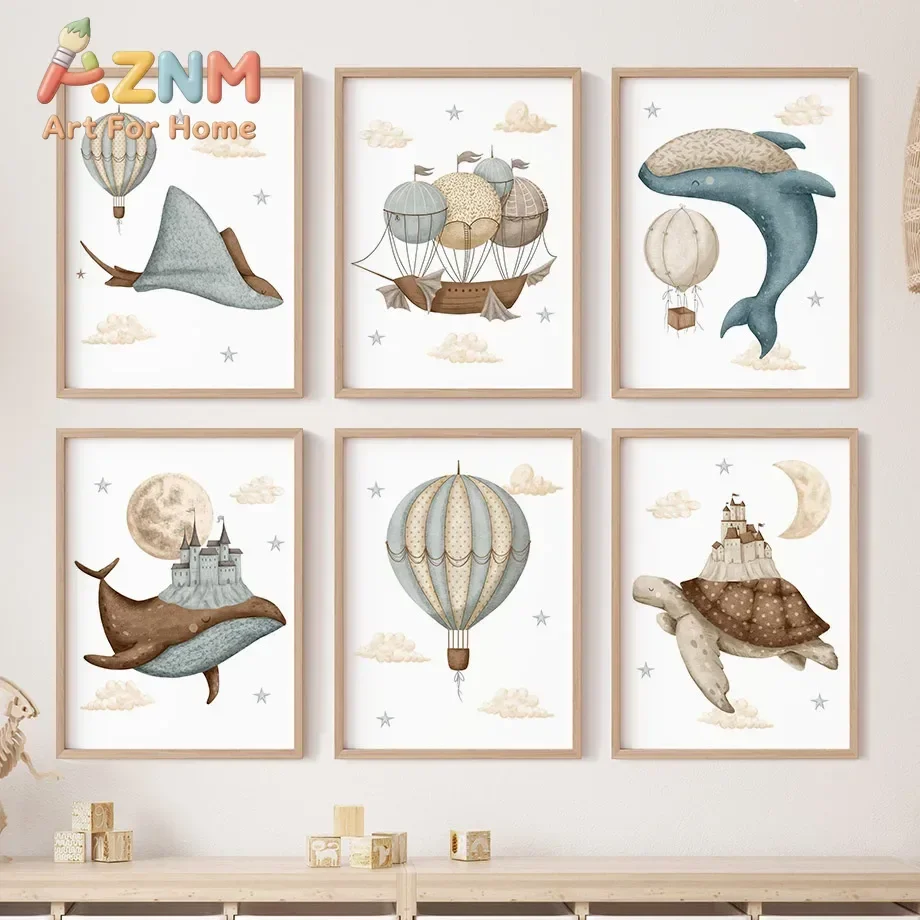 AZNM Watercolor Fantasy Adventure Canvas Wall Art Hot Air Balloon Whale Turtle Castle Print Poster for Kids Nursery Bedroom Home