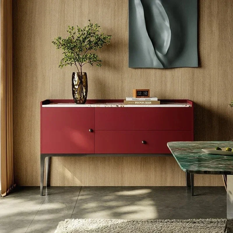 Modern entrance cabinet is facing the door, living room sofa enters  door, and the decorative cabinet is against the wall