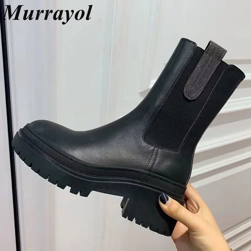 

Round Toe String Bead Decor Short Boots Women Genuine Leather Splicing Thick Bottom Ankle Botas Autumn Winter Chelsea Boots