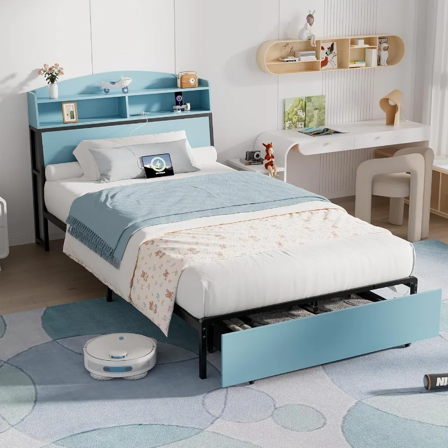 Twin Bed Frame with Storage Headboard Drawer 3in1 Charging Station Sturdy Metal Frame No Box Spring Needed NoiseFree NonSlip De