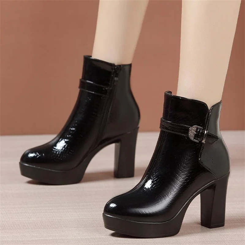 9cm Fall Winter Genuine Leather Boots Women's Platform Shoes Block High Heels Genuine Leather Ankle Boots  32 43