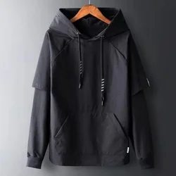 Fashion Solid Color Hooded Fake Two Piece T-Shirt Men's Clothing 2022 Autumn New Oversized Casual Tops Loose Korean Tee Shirt