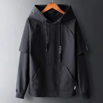 تي شيرت رجالي بهودي بلون سادة ، تيشيرت مزيف من قطعتين ، تي شيرت واسع الحجم ، موضة غير رسمية ، ملابس كورية ، خريف ، جديد ،