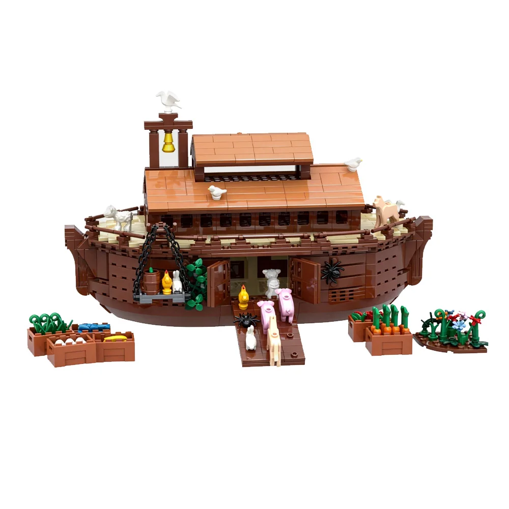 MOC Noahs Ark Modell Bausteine Mittelalterliche Schiff Religion Architektur Und Nette Mini Tiere Montage Ziegel Spielzeug Geschenk – Detail 10
