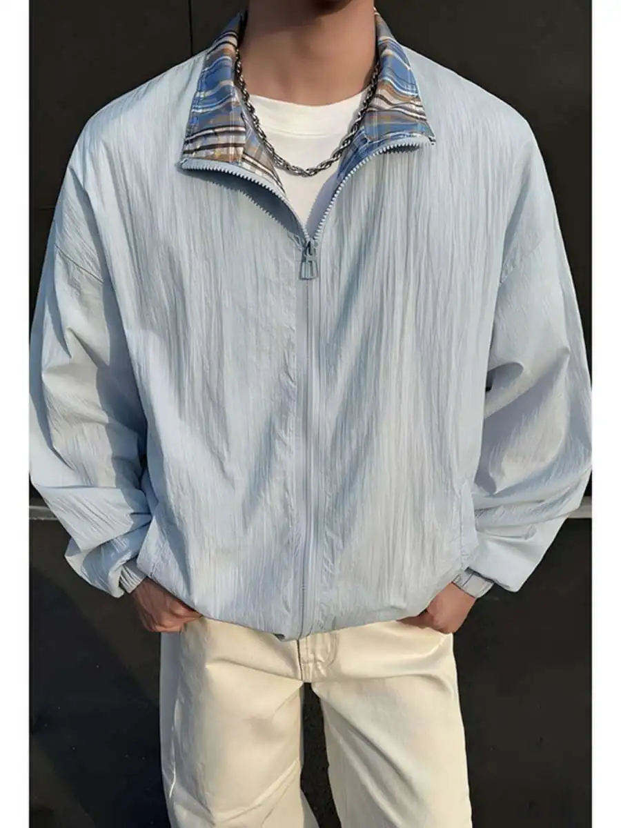 

Summer Thin Plaid Splice Sun Protection Jaet Men's Lazy American Loose Casual Outerwear OOTD Matching Top Polyester Fiber