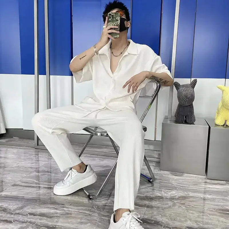Conjuntos de calças t camisa masculina de náilon camisas roupas moda homem 2025 novo em topos & t casual tendência ao ar livre solto calças masculinas conjunto