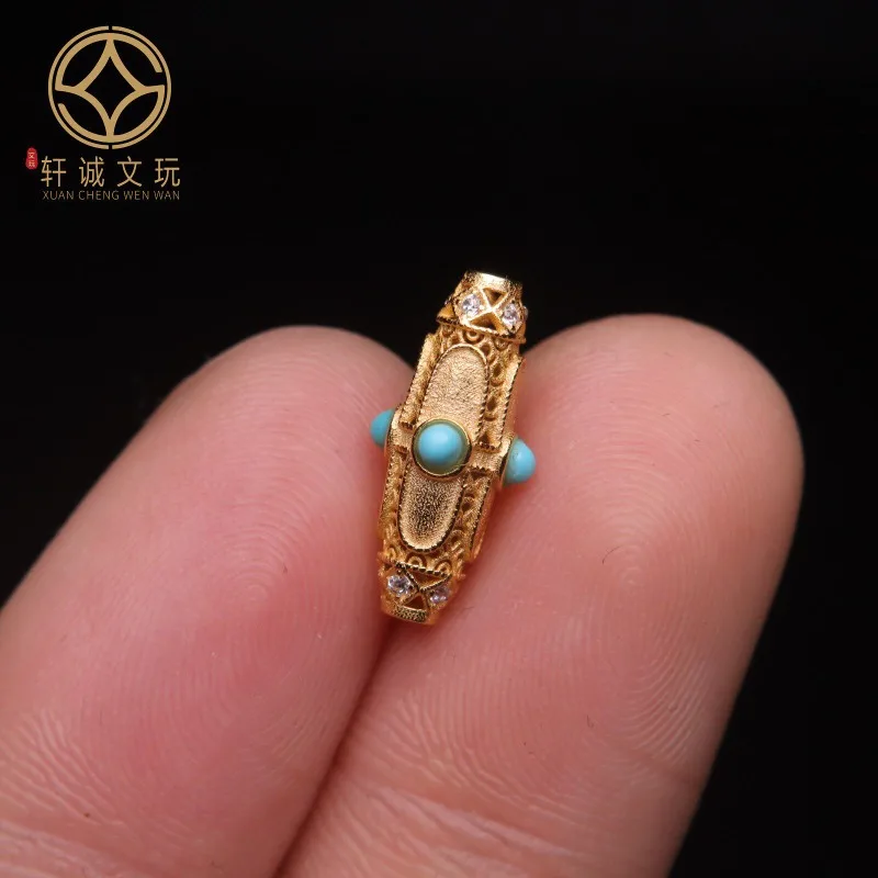 Original Gold Plated Turquoise Inlaid Hollow Barrel Waist Spacer Beads Handmade Stringing Knotting DIY Craft Pendant Accessory