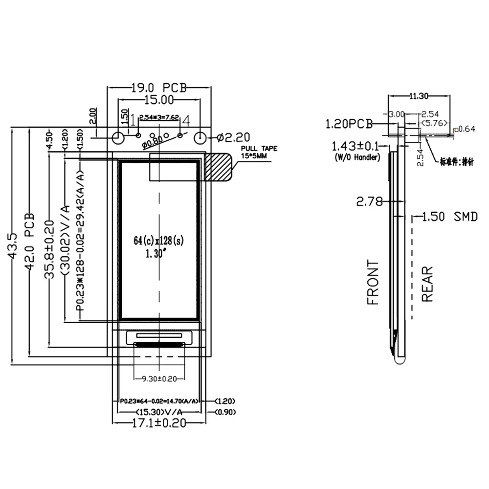 Layar OLED 1.3 inci 64*128 COG SH1107 1.3 "layar LCD vertikal modul IIC untuk layar putih Arduino