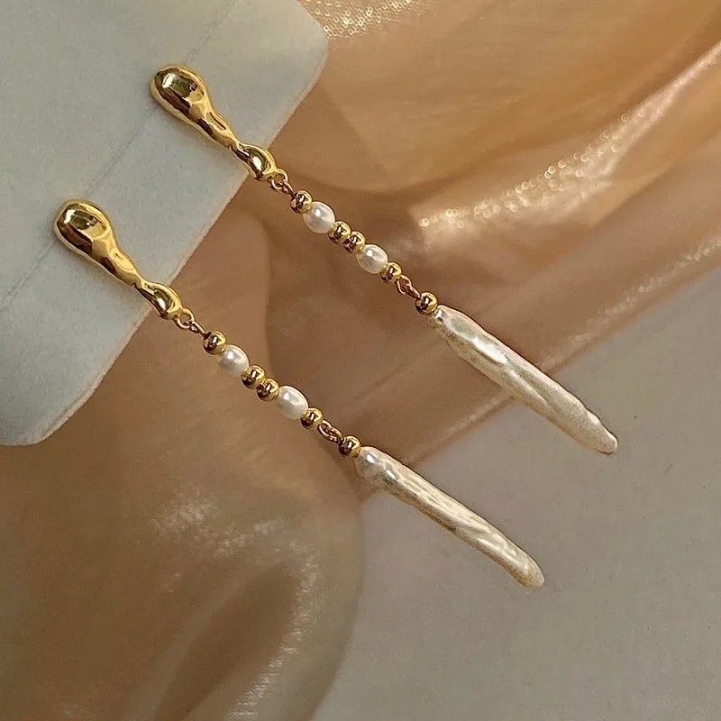 

Fashion Personality 925 Silver Pin Natural Baroque Irregular Pearl Drop Dangling Tassel Buckle Hoop Long Earrings Chic Jewelry