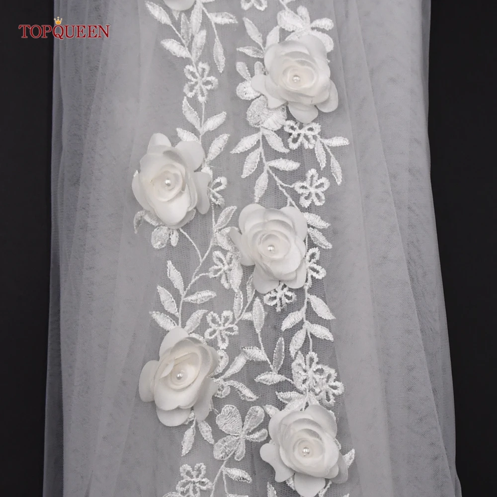 TOPQUEEN Bridal Elegant 3d Floral Lace Veil White Soft Tulle Cathedral Bridal Veil For 2024 Wedding Accessories Customizable V03