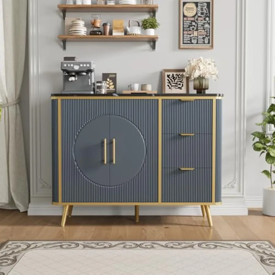 47.3 Modern Navy Blue Buffet Cabinet with 2 Doors 3 Drawers, Fluted Coffee Bar Storage Sideboard for Dining Room, Living Room o