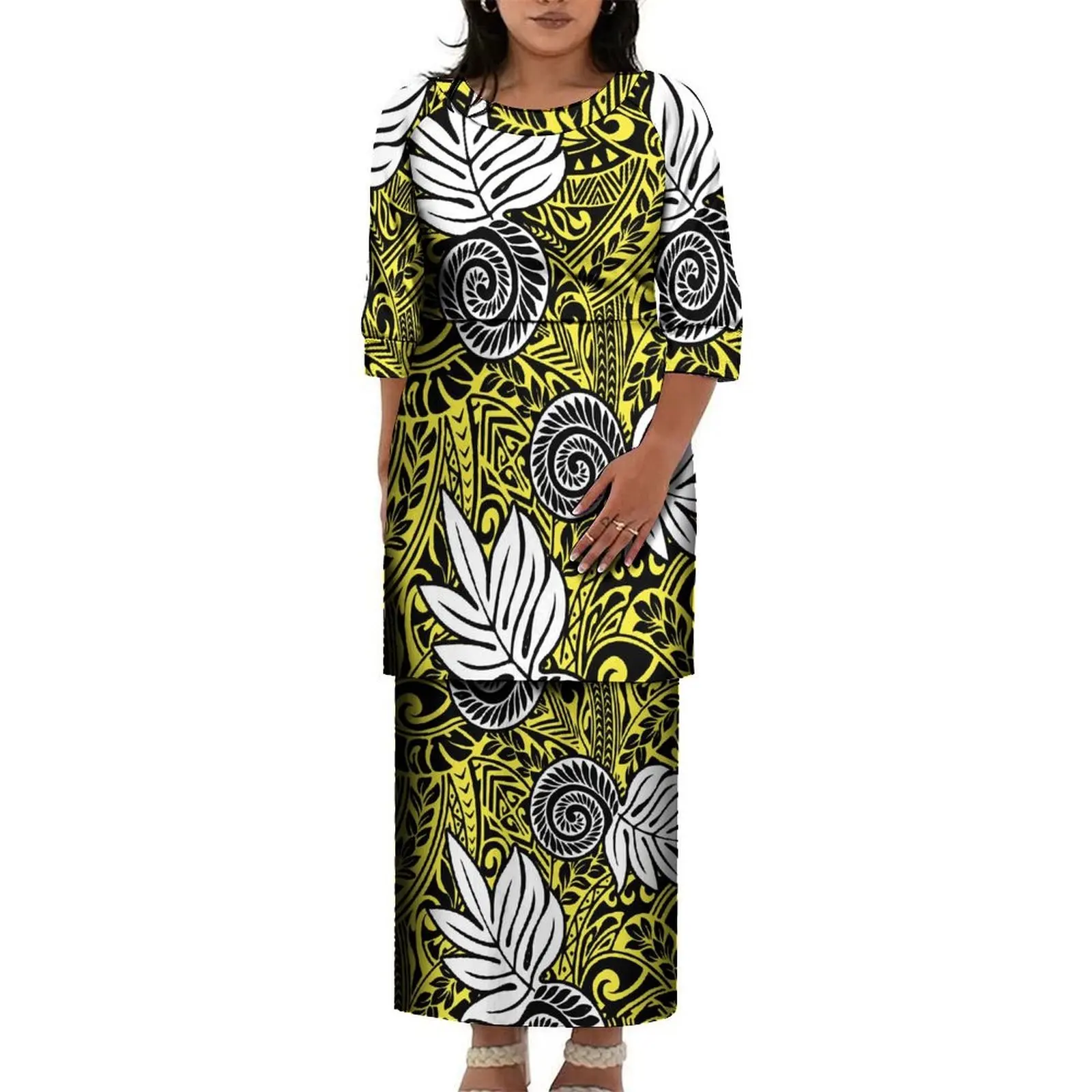 Dropshipping Custom Samoan Puletasi Dresses Set Large Size Women O Neck Prom Dress Tonga Samoan Print Half Sleeve Dress 2 Piece