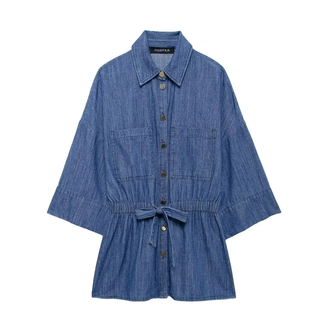 HH TRAF 2024 Woman Shirts Denim Blue Turn-Down Collar Long Sleeve Bow Decorate Single-Breasted Autumn Blouses Woman Trendy