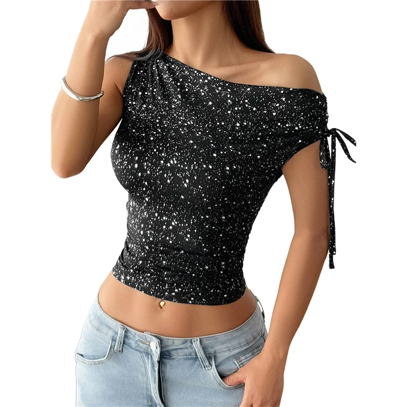 ABRT-One ไหล่เลื่อม Sparkly Tops สําหรับผู้หญิง Ruched ไม่สมมาตร Glitter Tops Slimming Party เสื้อ
