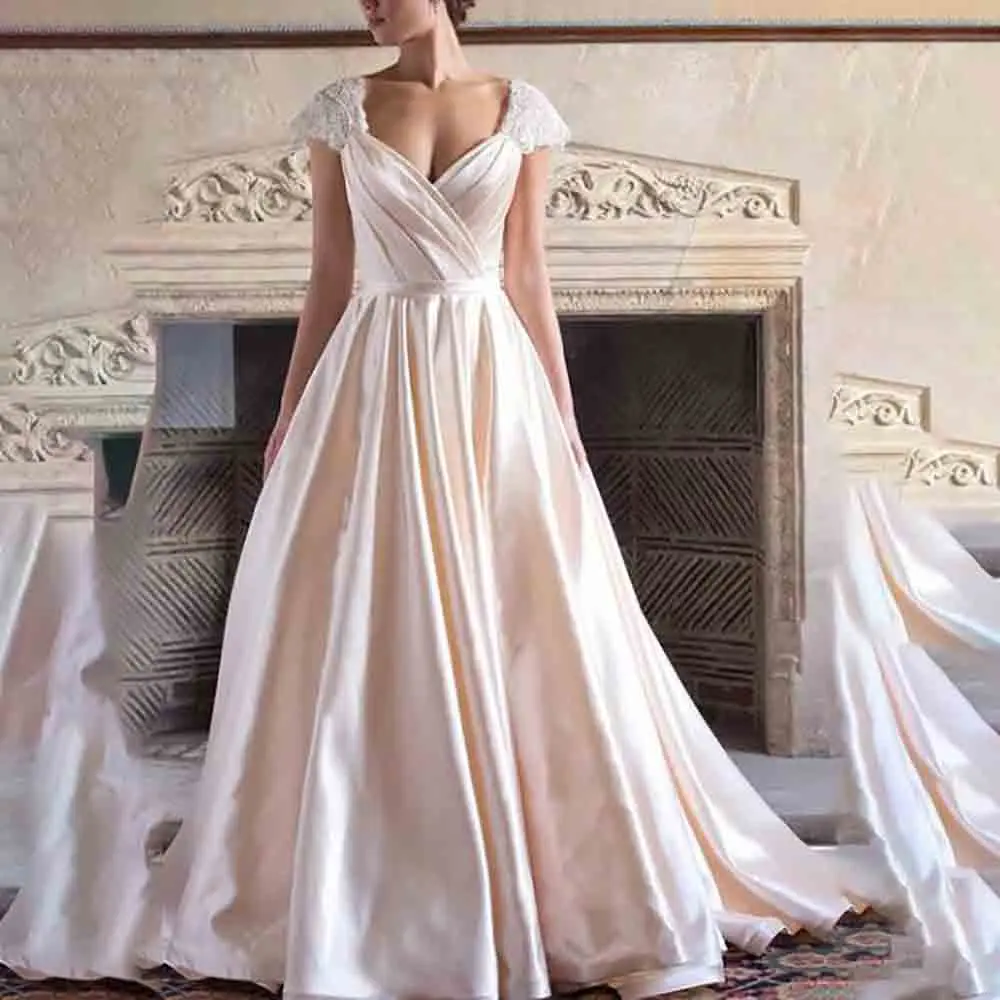 

A-Line V-Neck Satin Cap-Sleeve Criss Cross Floor-length Sweep Train Wedding Dress