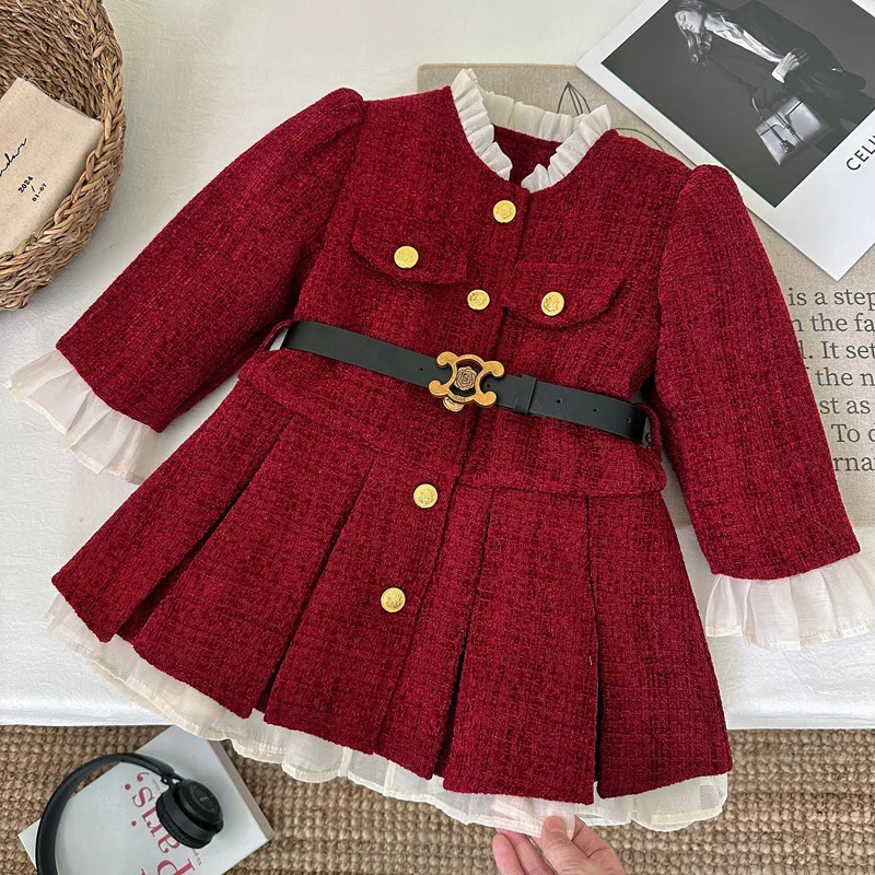 

2024Girls' Autumn and Winter New Fleece-lined Red Floral Princess Dress