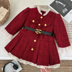 2024Girls' Autumn and Winter New Fleece-lined Red Floral Princess Dress