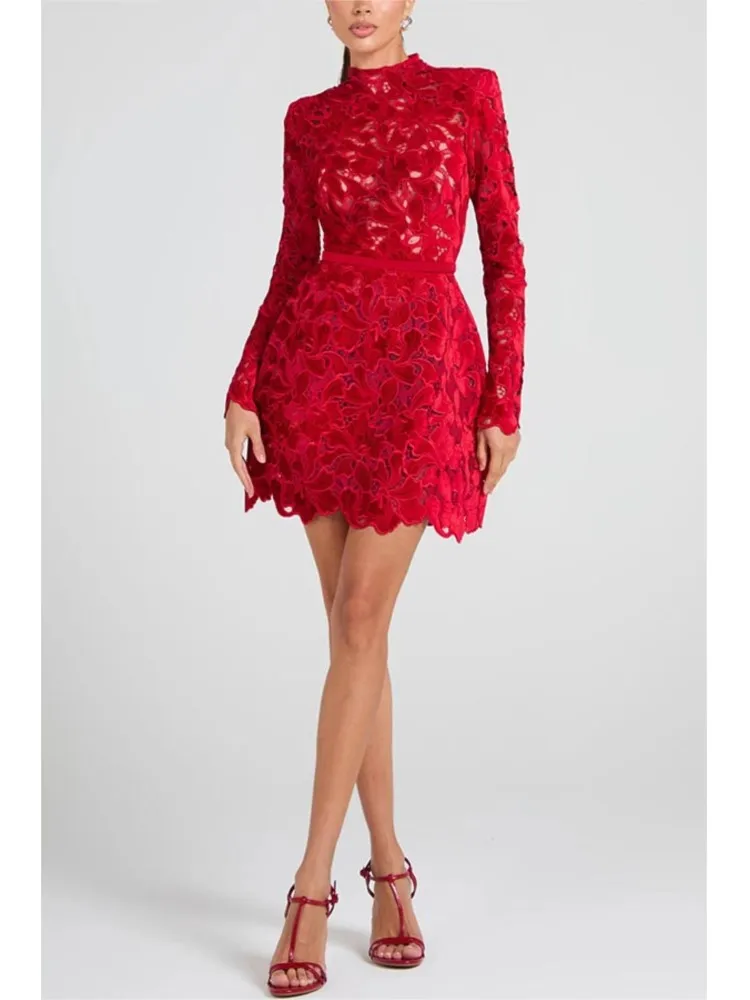 

Autumn Winter Long-sleeved Zipper Mid-waist Dress Women's Casual Fashion Solid Color Hollow Flower Party Round-neck Mid-skirt