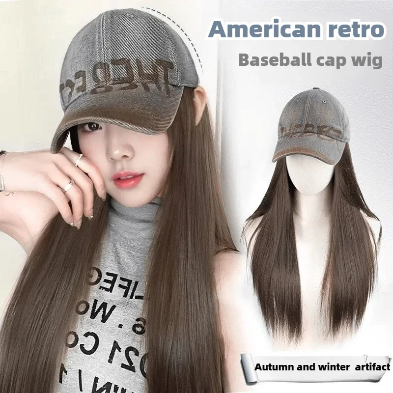 New TH Label American Cowboy Baseball Hat Wig All-in-one Removable Curly Straight Hair Female Full Headband Wig Hat