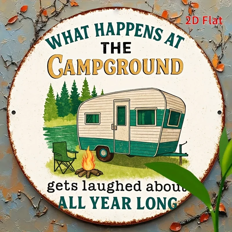 2D Flat - 1pc 8 X 8 Inches (20 X 20 Cm) Camping-Themed Vintage Aluminum Sign, a Fun Round Metal Poster for Outdoor Wall Decor, S