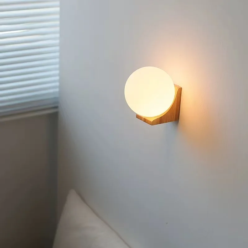 Modern Minimalist Walnut Wall Lamp with Milky White Glass Ball Light for Homestay Hotel Corridor Staircase Indoor Decor Sconces