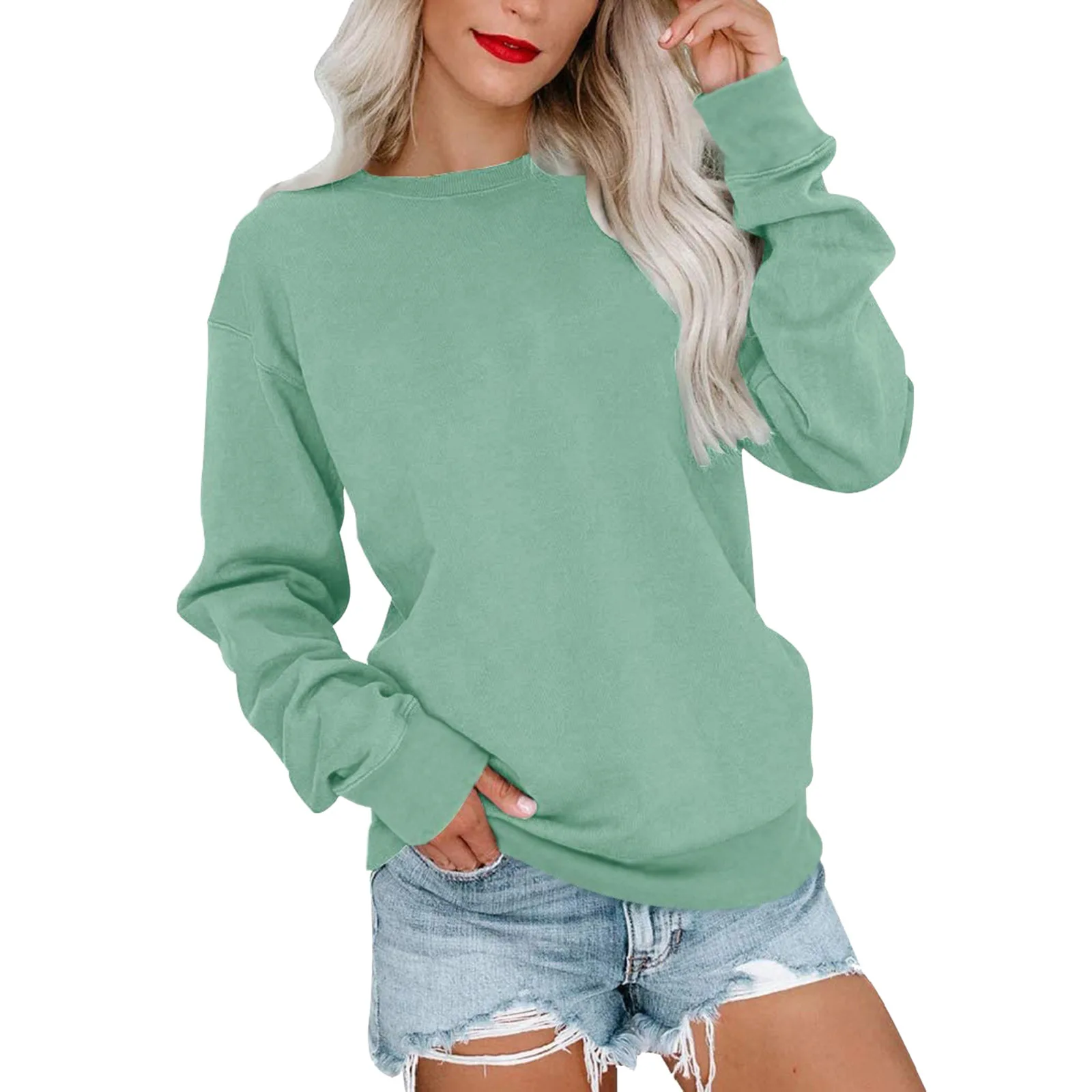 Sweater Wanita Kasual, sweter gradien leher bulat cetak 3D warna polos musim dingin