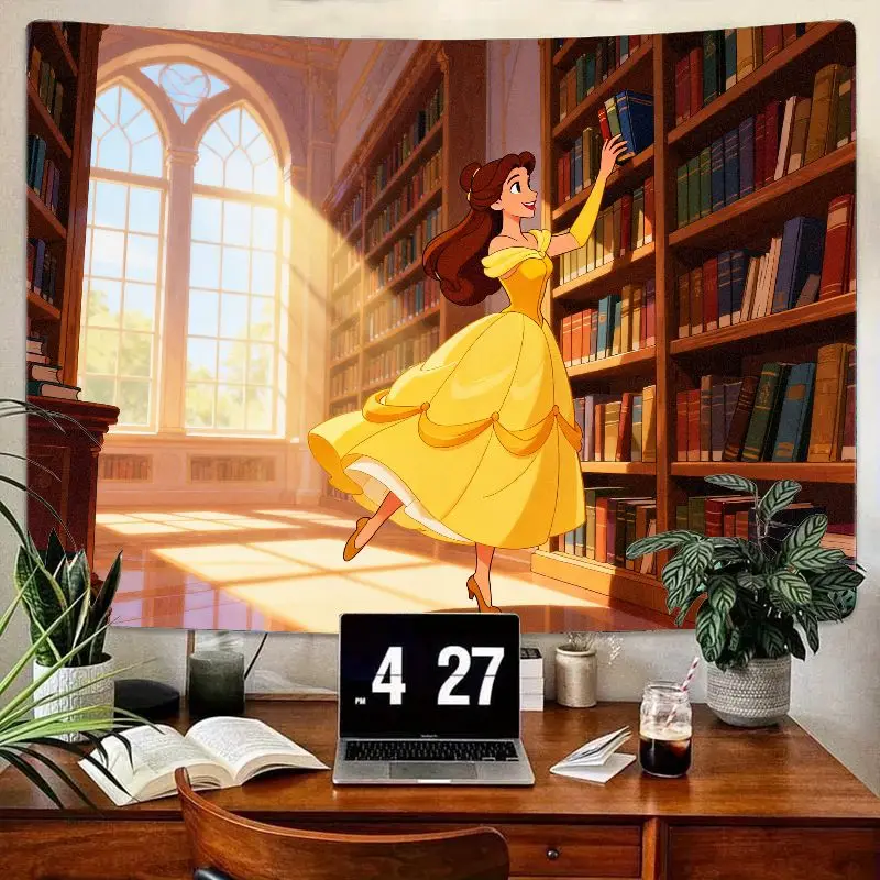 

1PC Disney Princess Belle Library Tapestry, Aesthetic Modern Polyester Wall Art, Living Room Bedroom Dorm Decor Gift for Book Lo