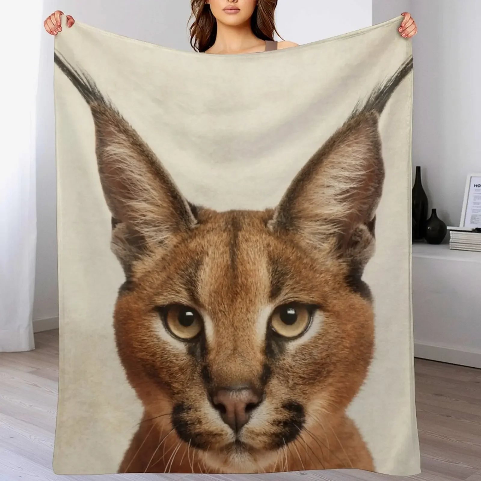 Caracal Cat Art, Savanna Animal Portrait Throw Blanket Spring Fall Cozy Throw Blanket for Couch