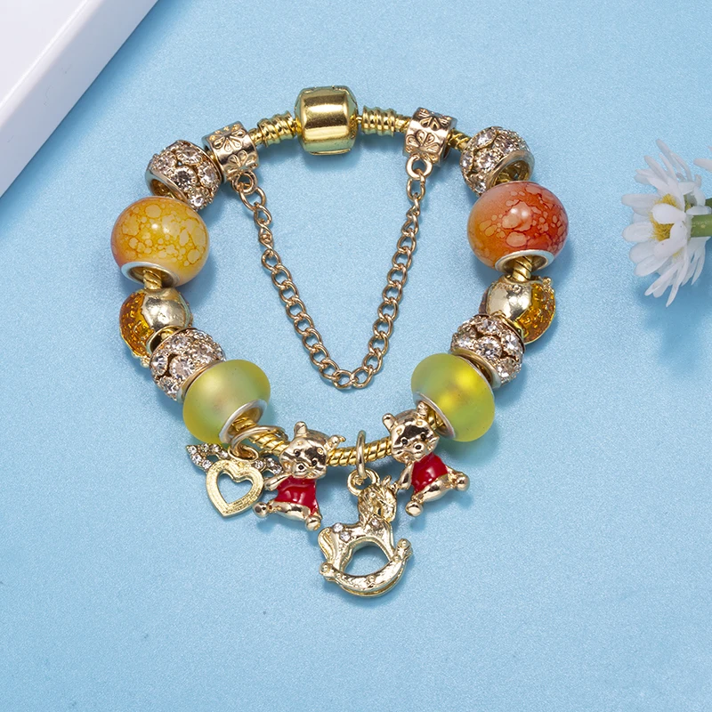 Gold Color Bear Tangerine Beads Charm Bracelets Fits diy Fashion Brand Bracelet Bangles For Women Bijoux Pulseras Jewelry Gift