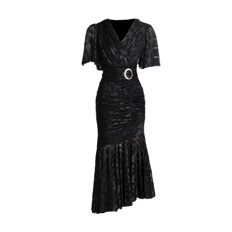 

2025European and American Style Graceful and Fashionable French Slim Fishtail Pleated Sheath and Fitted Waist Dress Wom