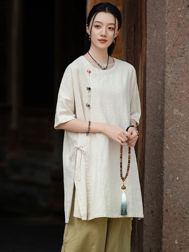 

Chinese Style Women Casual Long Shirt New 2025 Spring Vintage O-neck Plain Color Loose Female Cotton Linen Tops Shirts T600
