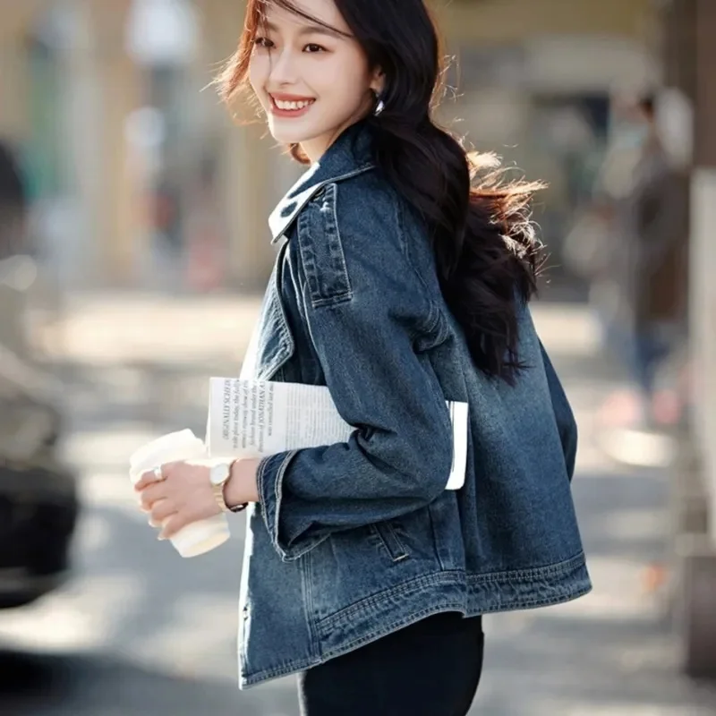 2025 feminino mangas compridas denim casaco primavera outono feminino cor sólida jeans jaqueta coreano senhoras moda lazer cowboy outwear
