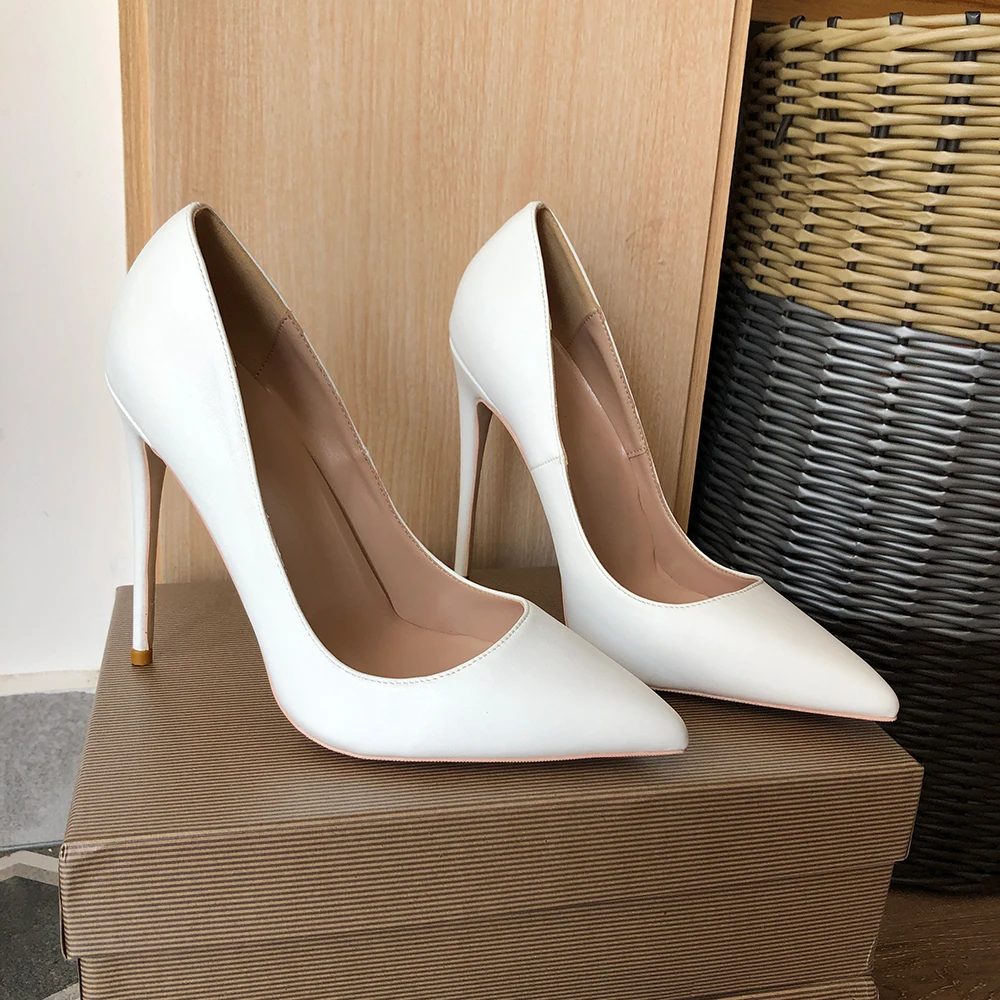 Veowalk White Matte Women Pointed Toe Slip On Stiletto Pumps Elegant Ladies 8cm 10cm 12cm High Heel Wedding Shoes Customizable