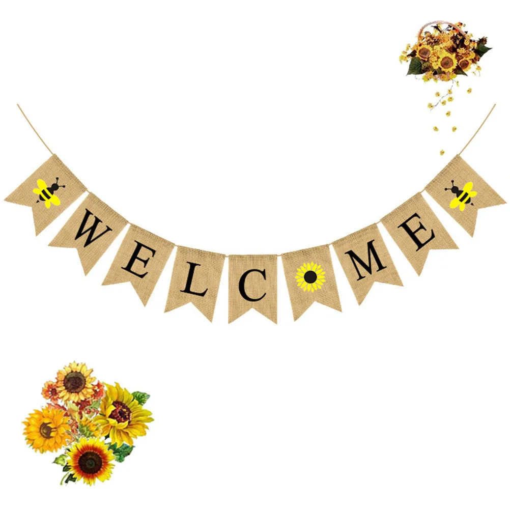 

2Sets Sunflower Bee Linen Welcome Banner Swallowtail Flag Party Photo Prop Decorative Garland Welcome Banner Sunflower Bunting