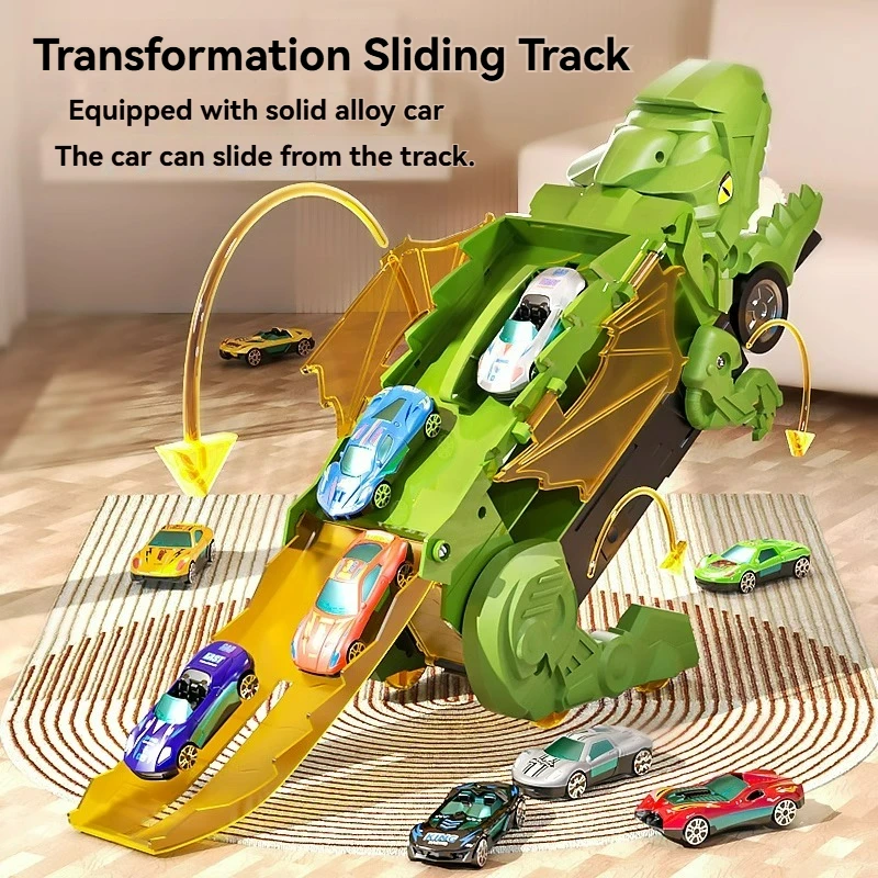 New Dinosaur Morphed Track Ejection Cars Tyrannosaurus Rex Devouring&Storage Alloy Fold Sliding Track Transporter Birthday Gifts