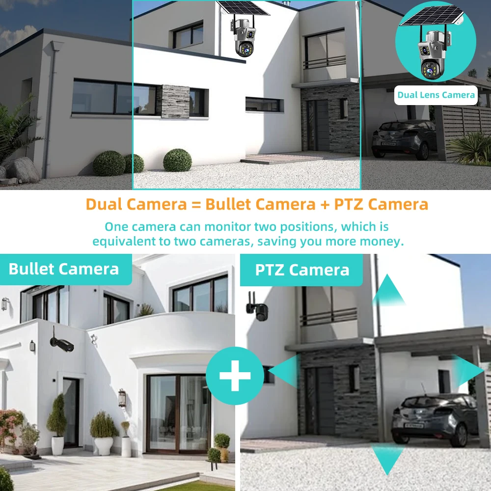 V380 Pro 4K 8MP 2 عدسة 4G WiFi كاميرا تعمل بالطاقة الشمسية في الهواء الطلق PIR للرؤية الليلية IP66 بطارية منخفضة الطاقة CCTV الأمن