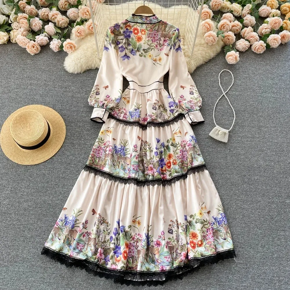 Elegant Long Sleeves Vintage Bow Neck Lace-up Chic Print Lace Spliced Slim Dresses Evening High Street Autumn Winter Clothing