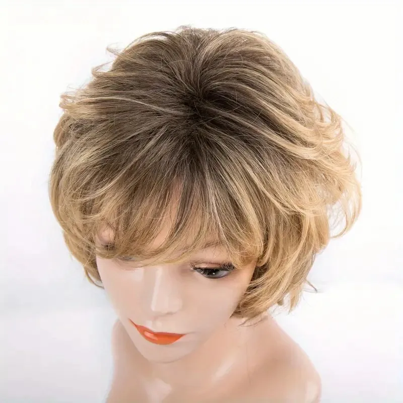 Woman Gold Short Synthetic Hair Loose Wave Dark Roots Heat Resistant Water Wave Blonde Costume Party Wig Mommy Daily Use