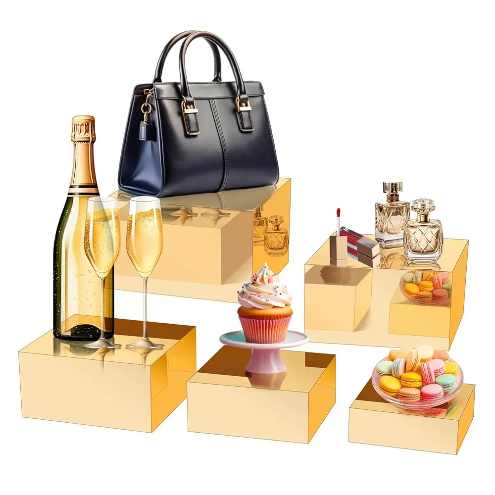 

Acrylic Display Risers - Gold Buffet Risers, Set Of 5