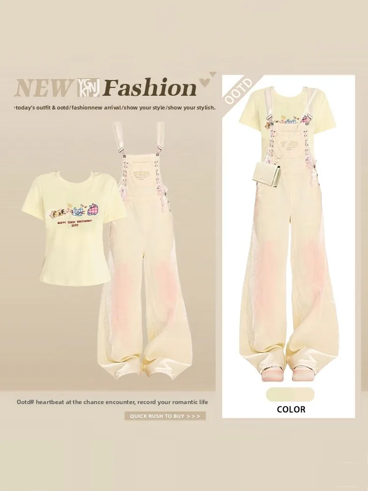 

Летний винтажный комплект из двух предметов: футболка с принтом и комбинезон-сарафан для женщин – омолаживающий, нежный и стильный образ