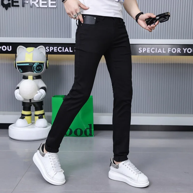 Pure Black Jeans Men's High-End Stylish and Personalized Fashion2024New Slim Fit Skinny Men's Clothing Summer Thin Trousers