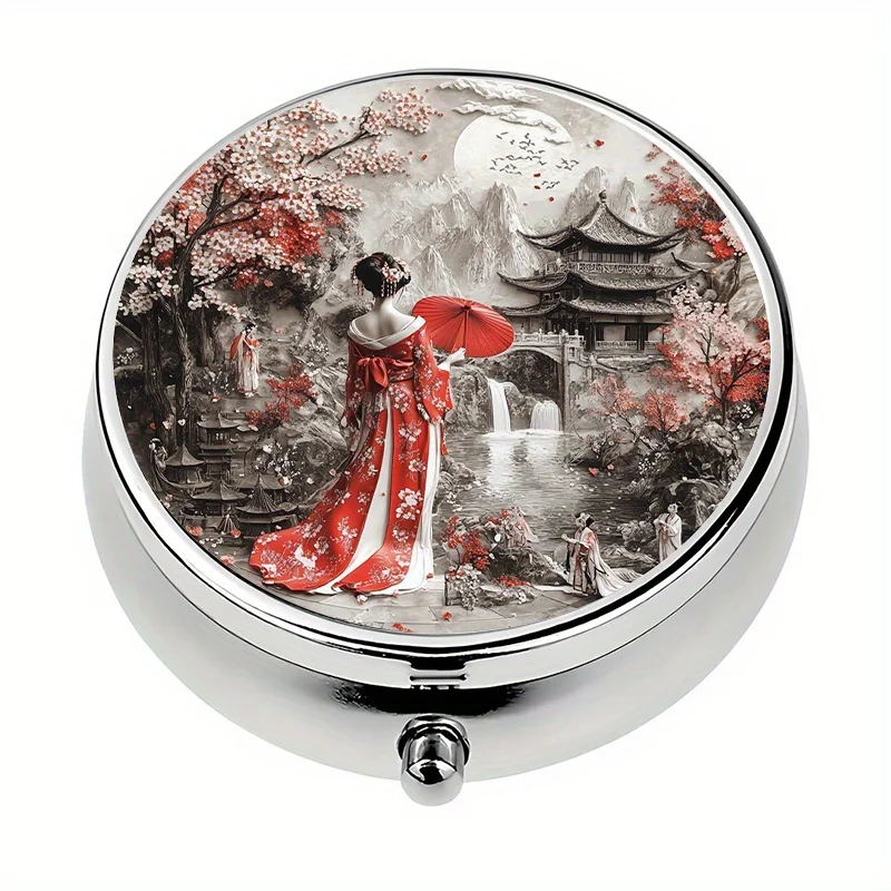 A flat box with a Japanese geisha theme, a medicine storage box, a travel-friendly unique design, an essential travel organizer, a unique holiday choice