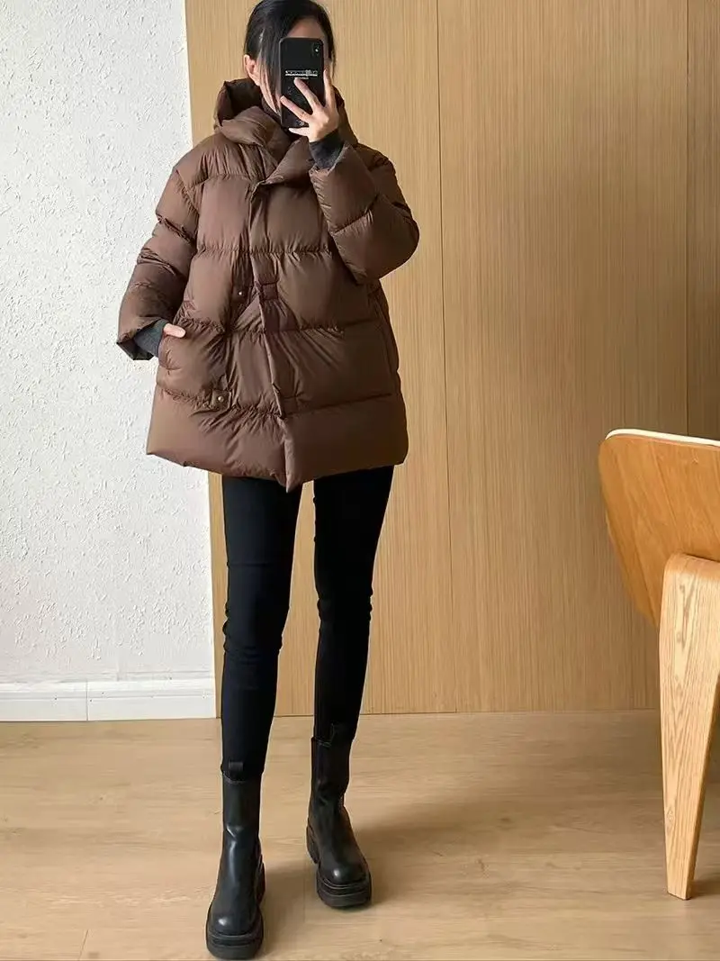 Mid-length Coats for Women, Loose Hooded Outerwear, Feather Coats, Casual and Simple, Korean Fashion, Winter, 2024