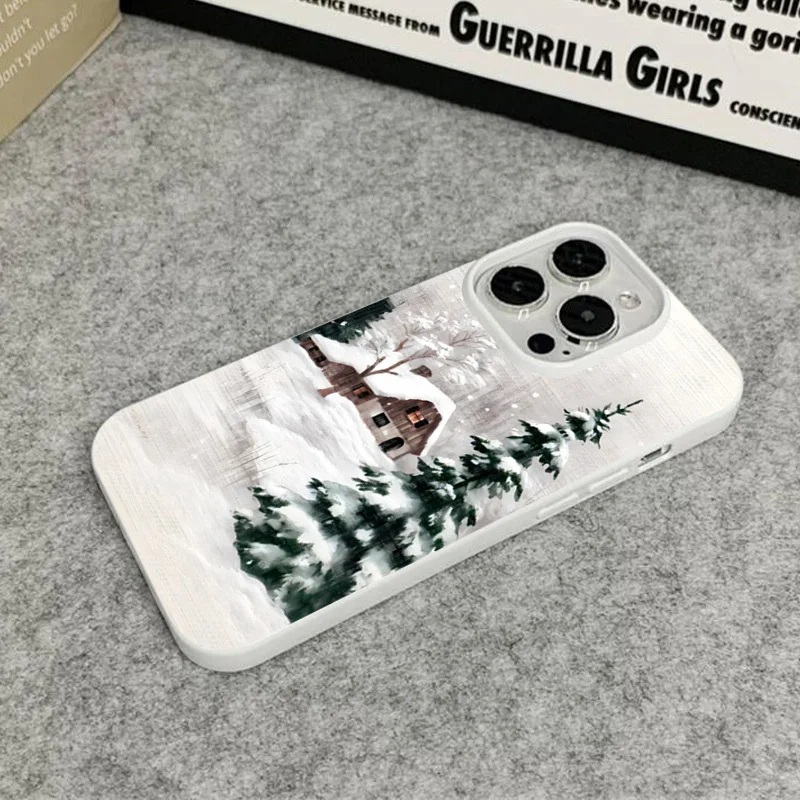 Christmas Winter Snow Tree Cabin Phone Case for iPhone 17 Pro Max Air 16 16e 13 12 14 15 Plus 11 Pro Max Shockproof Soft Cover