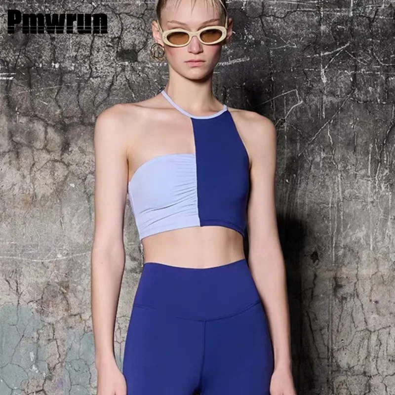 

PMWRUN 2 Piece Yoga Set For Women Color - Block Halter Bra & Blue Leggings Soft Stretchy For Gym Yoga Pilates Dance Workout Wear