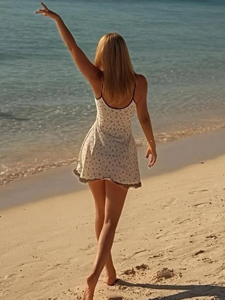 Sexy Print Spaghetti Strap Mini Dress Women  Lace Side U-neck Sleeveless  Backless Fashion Summer Beach Holiday Dress