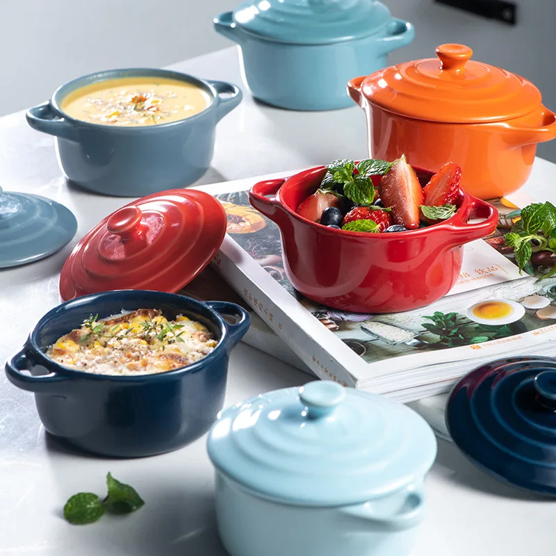 Borscht Bowl Luxury Ceramic Small Baking Bowl with Lid Double-ear Stew Pot Home Bird's Nest Steamed Egg Special Stew Soup  Bowl