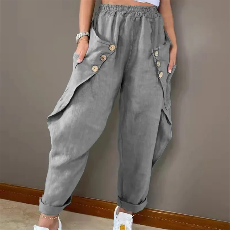 European and American women\'s clothing 2024 summer new pants fashion pocket button waist casual pants YBF54-3