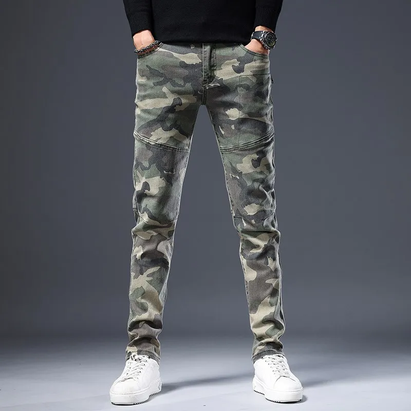 

Camouflage Stretchy Slim Fit Jeans Men Casual Straight Leg Trendy Workwear Comfortable Cotton Denim mid Waist Zipper Autumn